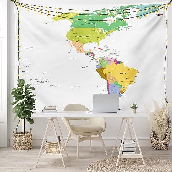 Ambesonne Map Tapestry, Map of South and North America with Countries Capitals and Major Cities Colorful Design, Fabric Wall Hanging Decor for Bedroom Living Room Dorm, 45" X 30", Green White