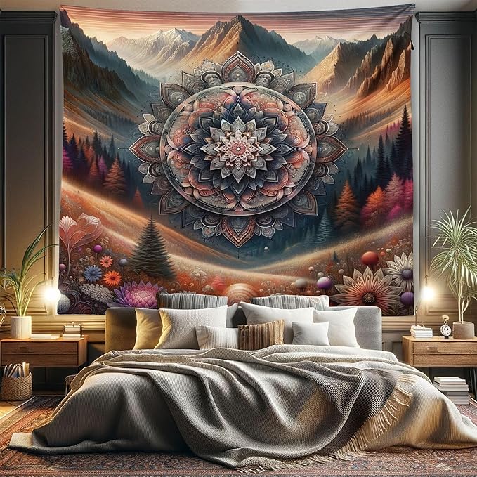 Ambesonne Hippie Tapestry King Size, Modern Scandi Blooming Trippy Flower with Mountain Landscape Woodland, Wall Hanging Bedspread Bed Cover Wall Decor, 104" X 88", Pale Vermilion Cadet Blue