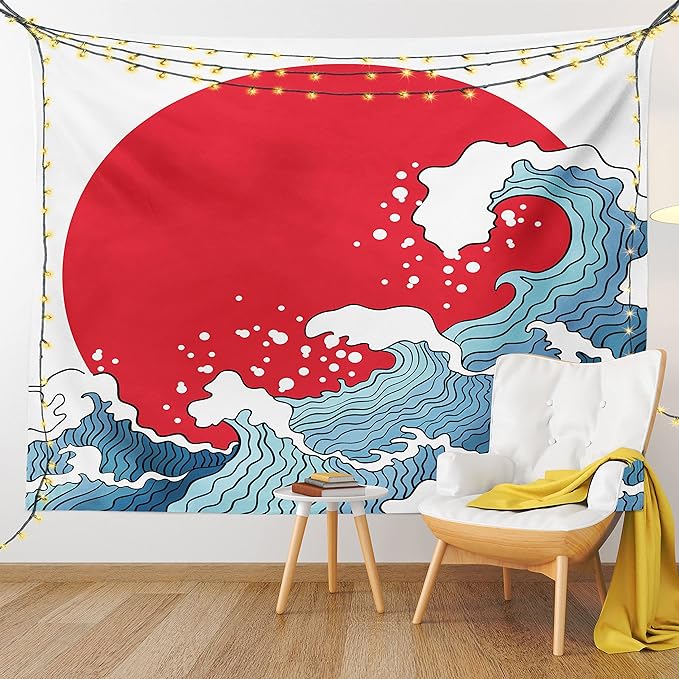 Ambesonne Japanese Wave Tapestry Queen Size, Big Red Sun Setting Scenery Tropical Nautical Tsunami Swirls, Wall Hanging Bedspread Bed Cover Wall Decor, Queen Size, Red Blue White