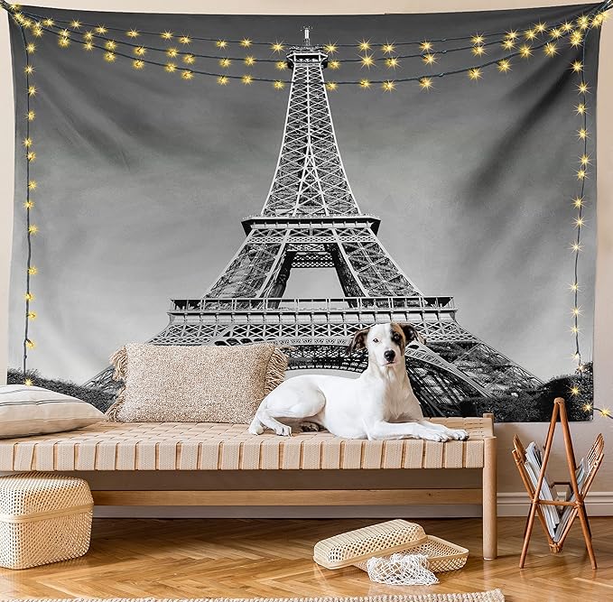 Ambesonne Eiffel Tower Tapestry King Size, Paris Landmark Monochrome Picture of Cityscape European Urban Famous Place Image, Wall Hanging Bedspread Bed Cover Wall Decor, 104" X 88", Grey