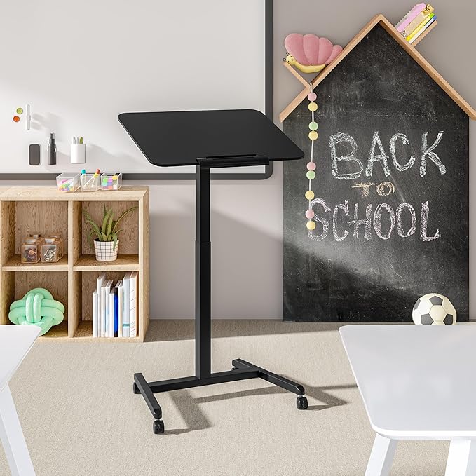 Seville Classics Airlift Height Adjustable Pneumatic Laptop Sit Stand Desk Mobile Rolling Cart, Computer Workstation for Home Office, Classroom, Black, 25.6" Tilting Desktop