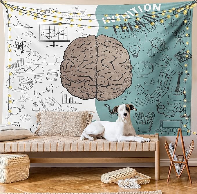 Ambesonne Modern Tapestry, Brain Image Left and Right Music Logic Art Side Science Print, Wall Hanging for Bedroom Living Room Dorm Decor, 60" X 80", White Teal Umber
