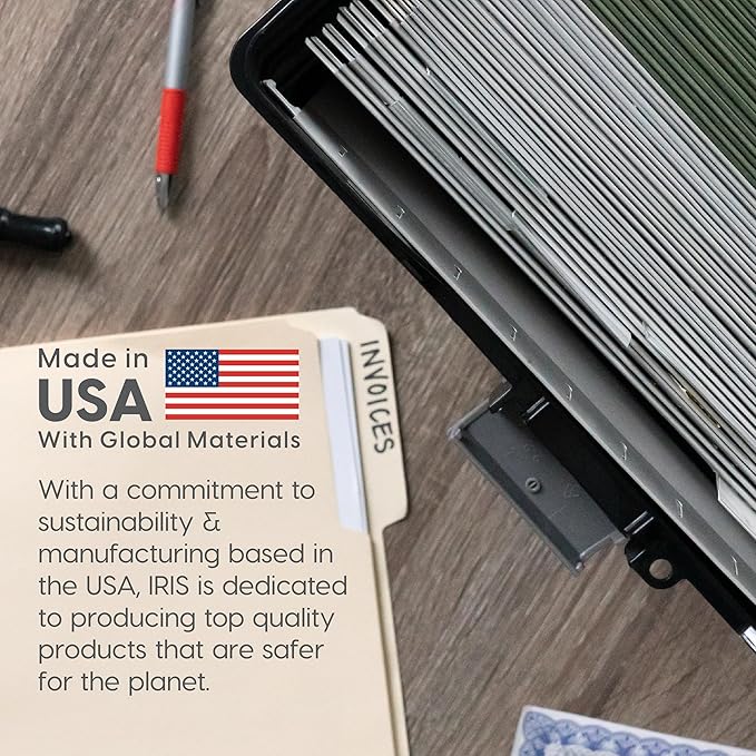 IRIS USA Portable File Box With Handle, Slim w/Organizer Lid, Plastic File Organizer Box for Letter Files, Hanging Filing Folder Organizer, Lockable, Secure Buckle, Black