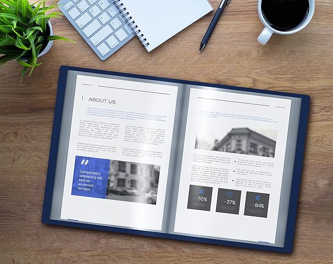 Better Office Products 12 Pocket Bound Presentation Book, Blue with Clear View Front Cover, 24 Sheet Protector Pages, 8.5" x 11" Sheets, Art Portfolio, Durable Poly Covers, Letter Size, Blue