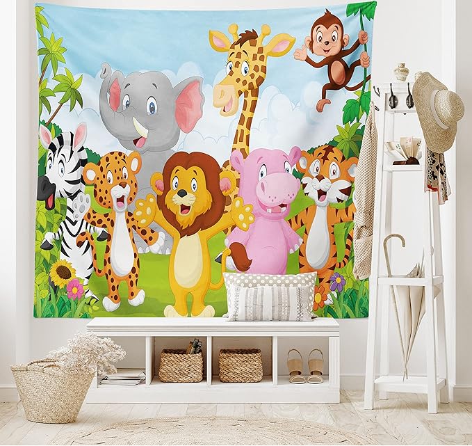 Ambesonne Cartoon Tapestry, Comic Savannah Animals Playful Friendly Savannah Jungle Happy Wildlife Nature, Fabric Wall Hanging Decor for Bedroom Living Room Dorm, 45" X 30", Green Brown