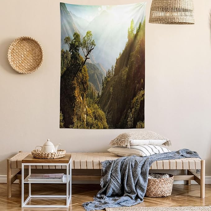 Ambesonne Landscape Tapestry Twin Size, Forest Nepal Himalaya Mountains Sunlight Majestic Scenery Nature Photo, Wall Hanging Bedspread Bed Cover Wall Decor, 68" X 88", Green Pale Yellow