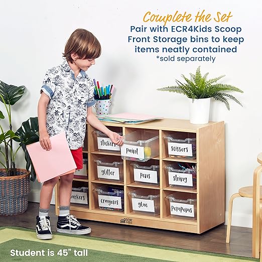 ECR4Kids 12 Cubby Mobile Tray Storage Cabinet, 3x4, Classroom Furniture, Natural