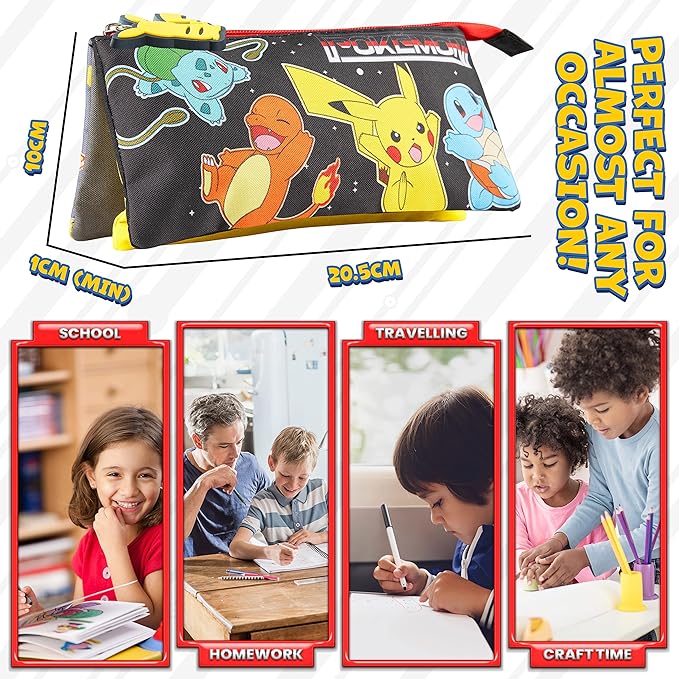 Pokemon Pencil Case for Boys and Girls Stationery Three Compartments Pencil Pouch School Supplies Stationary Pikachu Anime Gifts for Kids