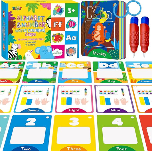36 PCS Alphabet & Number Water Cards, Double-Sided Drawing Card- Letters ABC, Numbers 123, First Words, Early Learning Tool for Kids (2 Water Pens Included)
