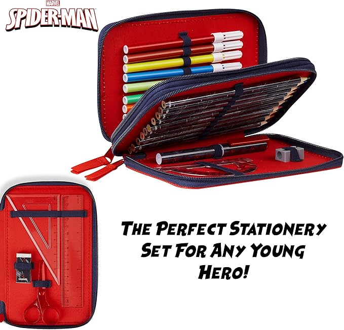 Marvel Boy's Pencil Case, Pencil Case with Compartments Filled School Supplies, Felt, Coloured Pencil, Spiderman Avengers Back to School Gift