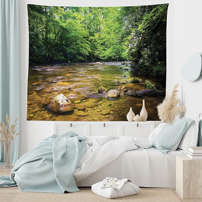 Ambesonne Appalachian Tapestry, Oconaluftee River at Smoky Mountains National Park, Fabric Wall Hanging Decor for Bedroom Living Room Dorm, 45" X 30", Lime Green Charcoal Grey