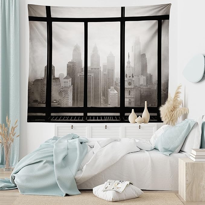 Ambesonne City Tapestry King Size, Philadelphia City Rooftop View Through Window Skyline Landmark Rooftop Travel, Wall Hanging Bedspread Bed Cover Wall Decor, 104" X 88", Grey Black