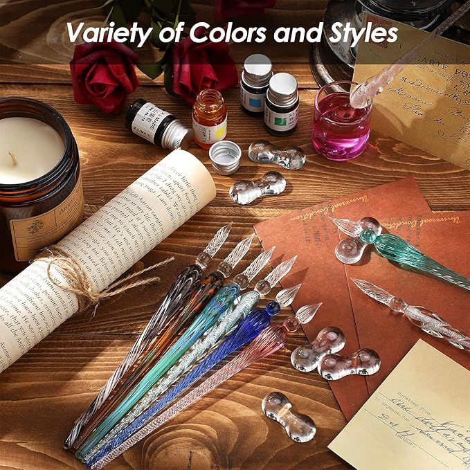 Outus 9 Pieces Glass Dip Pen Handmade Glass Signature High Borosilicate Crystal Vintage Dip Pen with 9 Pieces Penholder for Writing Drawing Calligraphy (Vintage Style,Fresh Color)