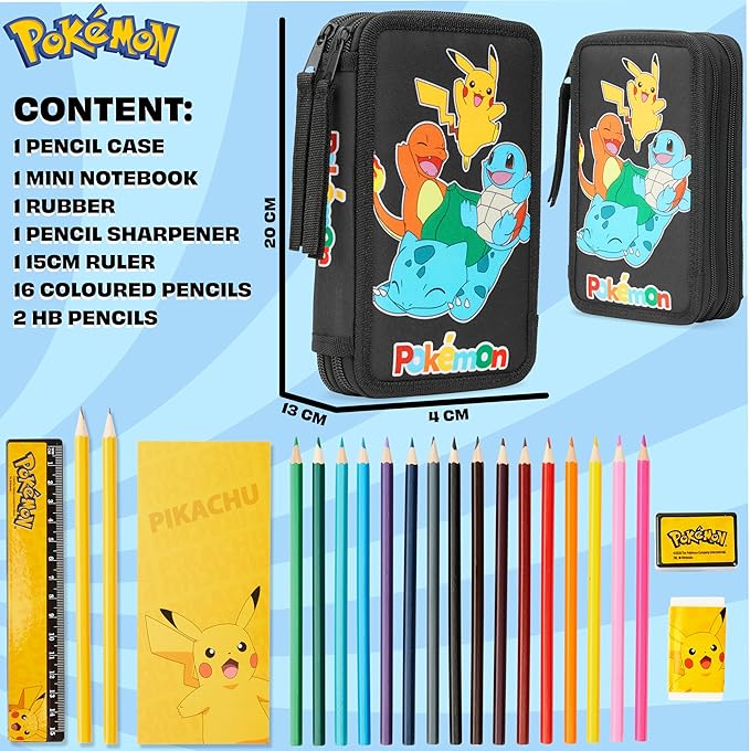 Pokemon Pencil Case for Boys Girls Pikachu Stationery Set with Colored Pencils Sharpener Ruler Eraser Notepad School Supplies Anime Gifts for Kids (Black/Multi)
