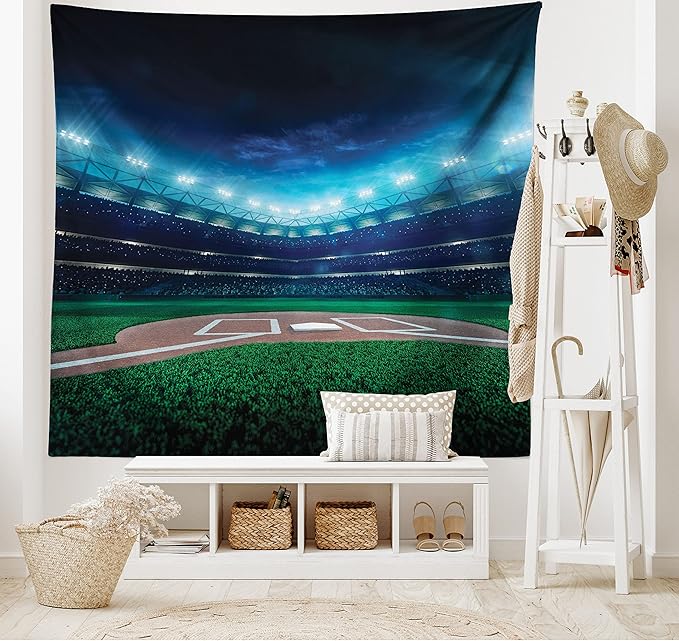 Ambesonne Baseball Tapestry, Professional Baseball Field at Night Vibrant Playground Stadium League Theme Print, Fabric Wall Hanging Decor for Bedroom Living Room Dorm, 45" X 30", Navy Green
