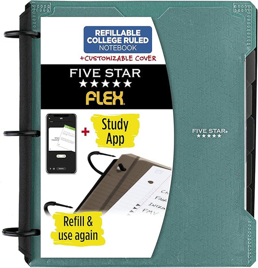 Five Star Flex Refillable Notebook + Study App, College Ruled Paper and 1 Inch TechLock Ring Binder with Customizable Cover, Pockets, Tabs and Dividers, 200 Sheet Capacity, Seaglass Green (29326AQ8)