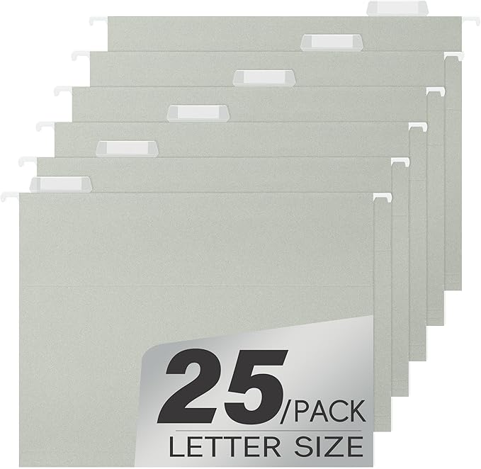 25 Pack Gray Hanging File Folders,Reinforced Hang Folders Letter Size,Adjustable 1/5-Cut Tabs,Designed for Bulky Files,Filing Cabinet