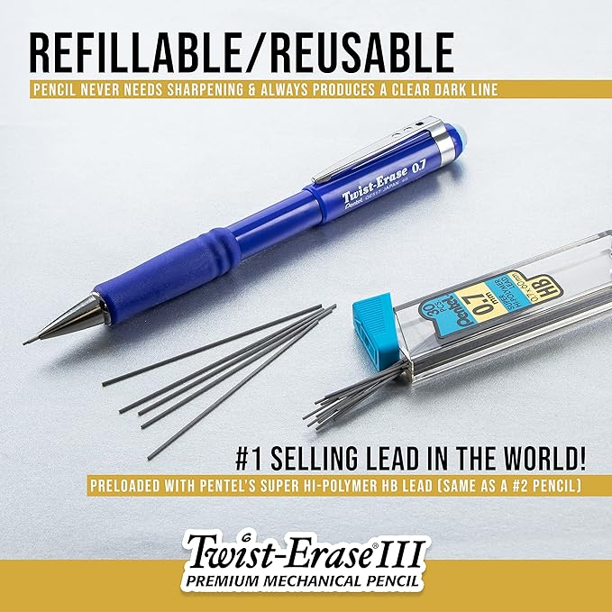 Pentel Twist-Erase III Mechanical Pencil, (0.7mm) Medium Line, with Lead and Eraser Refills (QE517LEBP)