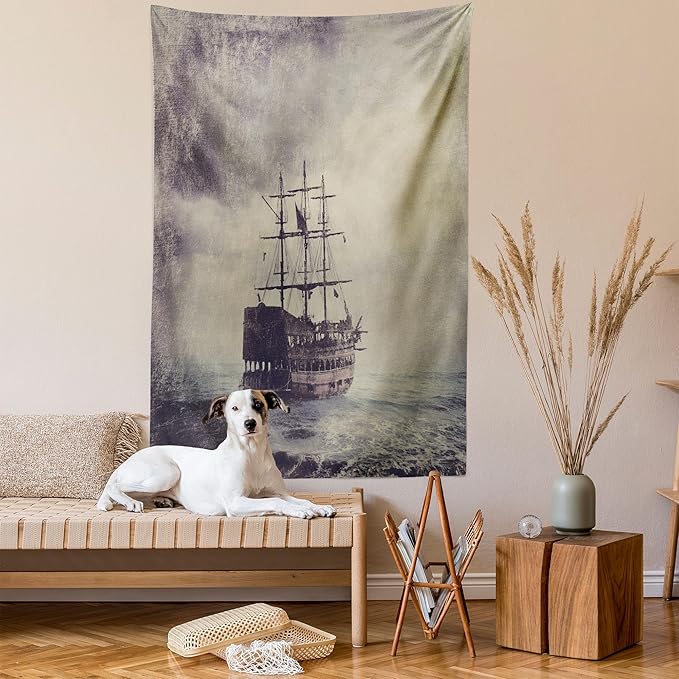 Ambesonne Nautical Tapestry, Old Pirate Ship in the Sea Historical Cruise Retro Voyage Grunge Style Art, Fabric Wall Hanging Decor for Bedroom Living Room Dorm, 30" X 45", Tan Plum
