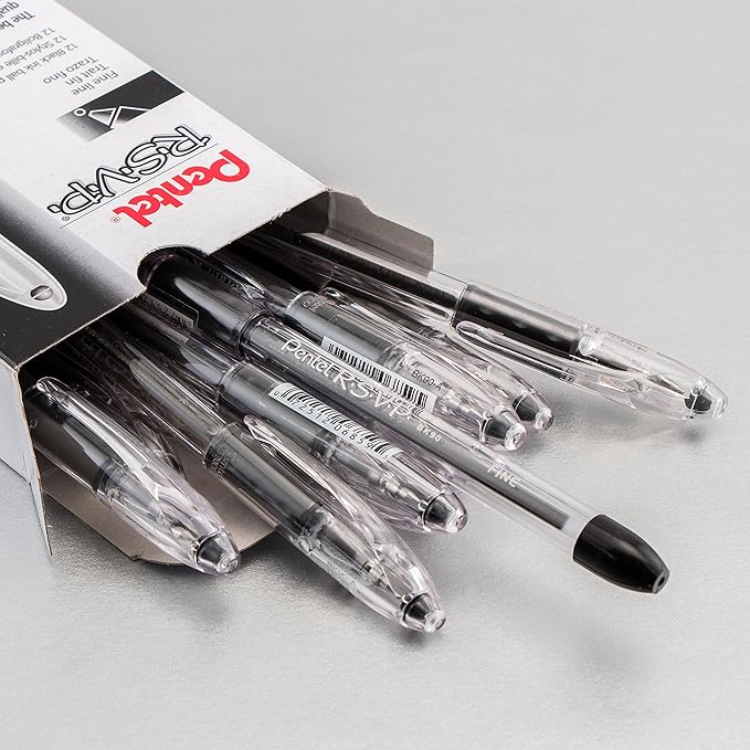 Pentel RSVP Ballpoint Pen, Fine Line, (0.7mm), Black Ink (BK90-A) (Pack of 1, 12 Count Total)