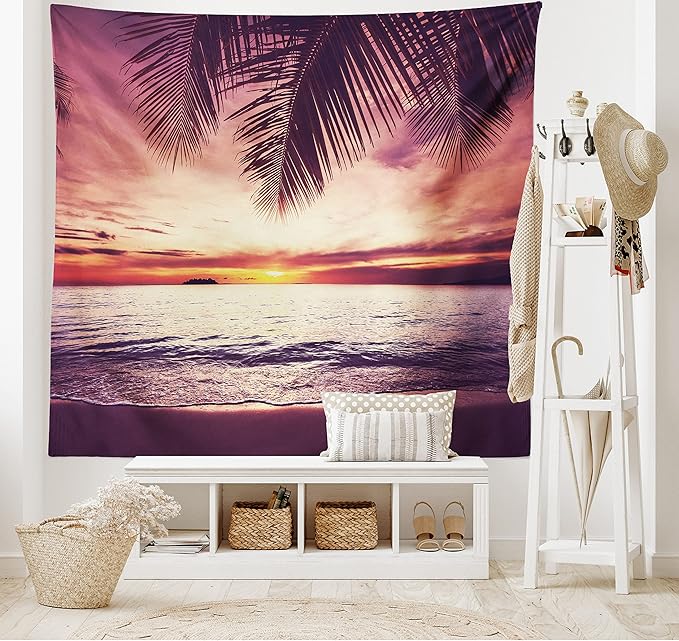 Ambesonne Palm Tree Tapestry, Tropical Beach Under Shadows at Sunset Ocean Waves Serenity of Paradise in Nature, Wide Wall Hanging for Bedroom Living Room Dorm, 60" X 40", Yellow Purple