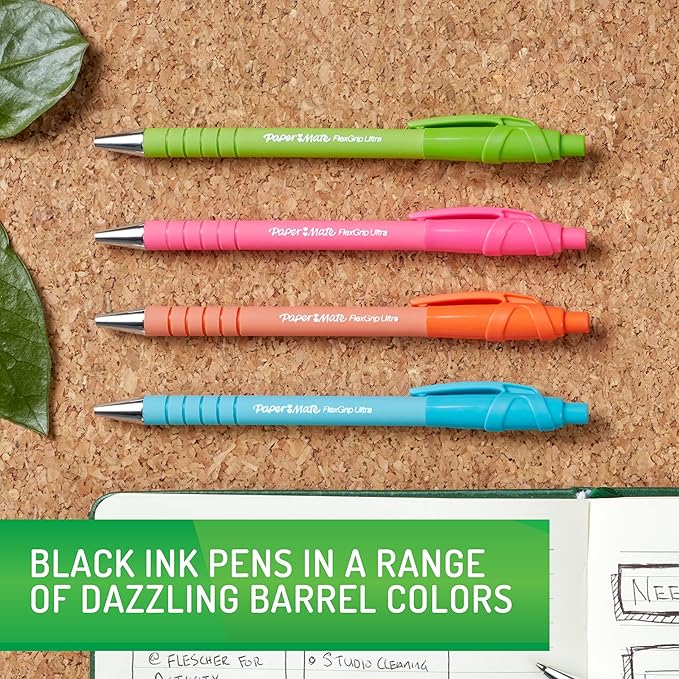Paper Mate FlexGrip Ultra Ballpoint Pens Made from Recycled Plastic Materials Assorted Barrel Colors Medium Point (1.0mm) Black 4 Count