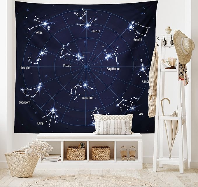 Ambesonne Constellation Tapestry, Sky Star Map Geometric Circle Space Night Horoscopes Chart Dark, Wide Wall Hanging for Bedroom Living Room Dorm, 60" X 40", Dark Blue White