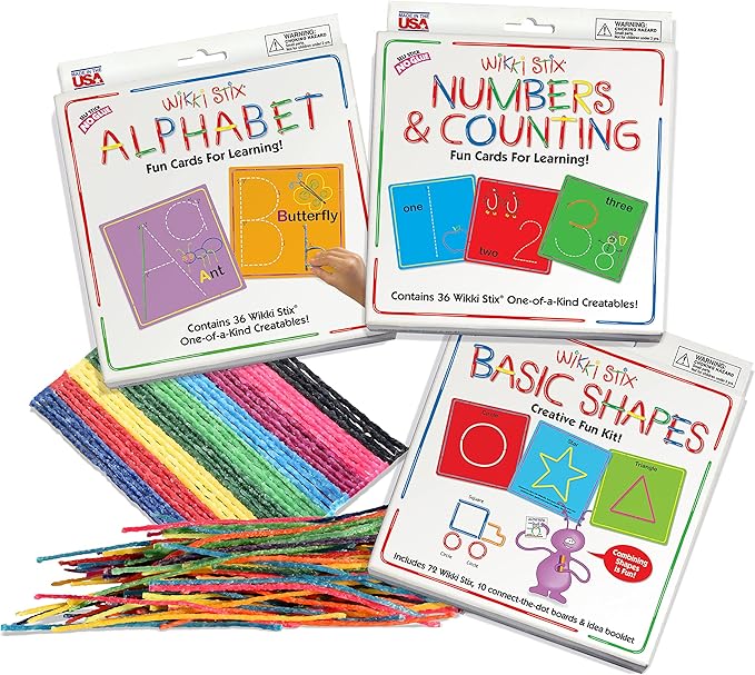 WikkiStix Early Learning Trio, Alphabet, Numbers and Shapes for Easy, Fun Preschool Learning, Made in The USA