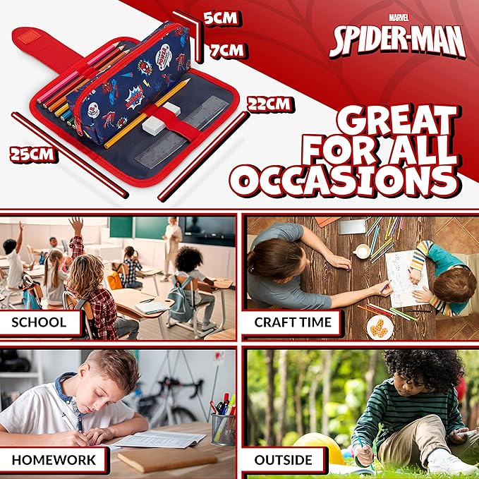 Marvel Spiderman Pencil Case with Cute Detachable Zipper Pouch including Ball Point Pen Pencil Eraser Ruler and Fun Colored Pencils Stationery Gifts for Kids