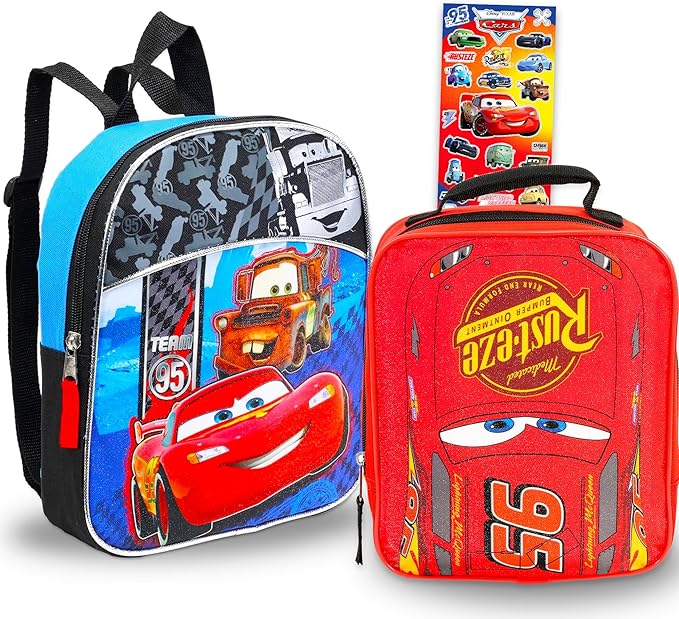 Disney Cars Mini Backpack with Lunch Box Set - Bundle with 11” Small Lightning McQueen Backpack, Lunch Bag, Stickers, More | Disney Cars Lunch Bag Set