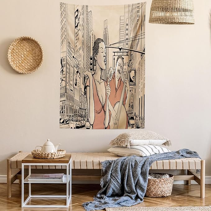 Ambesonne Jazz Music Tapestry Twin Size, Singer Double-Bass Player in a Street of New York Urban Lifestyle Image, Wall Hanging Bedspread Bed Cover Wall Decor, 68" X 88", Brown Beige