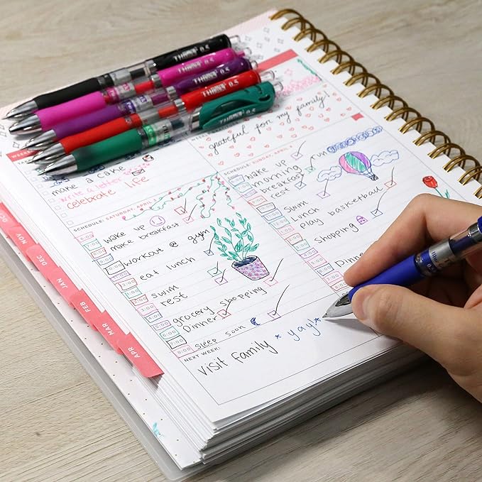 [24 Pens - 4Black, 4Blue, 4 Red, 4 Green, 4 Pink, 4Purple Ink] Think2 Retractable Gel Pens. Assorted Colors Fine Point (0.5mm) Rollerball Pens with Comfort Grip.