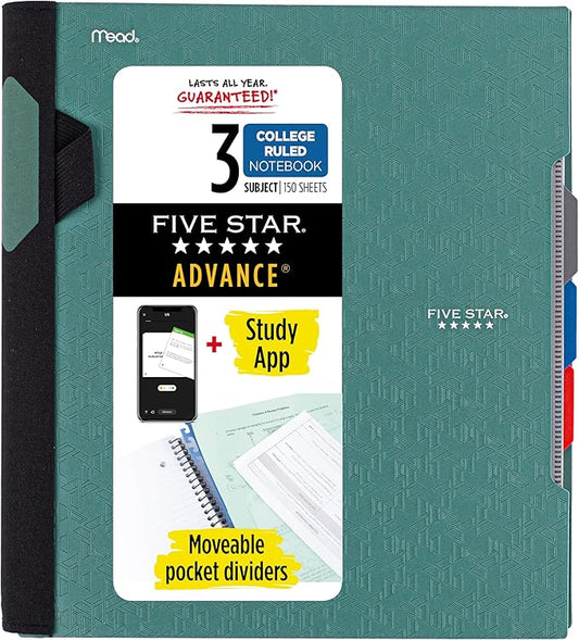 Five Star Advance Spiral Notebook + Study App, 3 Subject, College Ruled Paper, 8-1/2" x 11", 150 Sheets, Spiral Guard, Movable Tabbed Dividers, Seaglass Green (73136)