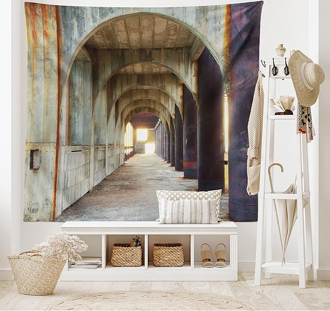 Ambesonne Urban Tapestry, Corridor of Concrete Pillars Structure Urban Industrial Rustic Style Art, Wide Wall Hanging for Bedroom Living Room Dorm, 60" X 40", Brown Purple