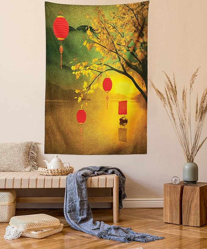 Ambesonne Oriental Tapestry Twin Size, Traditional Chinese Folk Hanging from Pale Fall Trees Lake Faded Nature Photo, Wall Hanging Bedspread Bed Cover Wall Decor, 68" X 88", Yellow Green