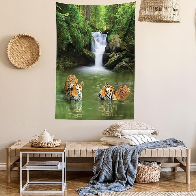 Ambesonne Savannah Tapestry, Siberian Tigers in Water Waterfall Pool Woodland Swimming Natural, Fabric Wall Hanging Decor for Bedroom Living Room Dorm, 30" X 45", Reseda Green Orange