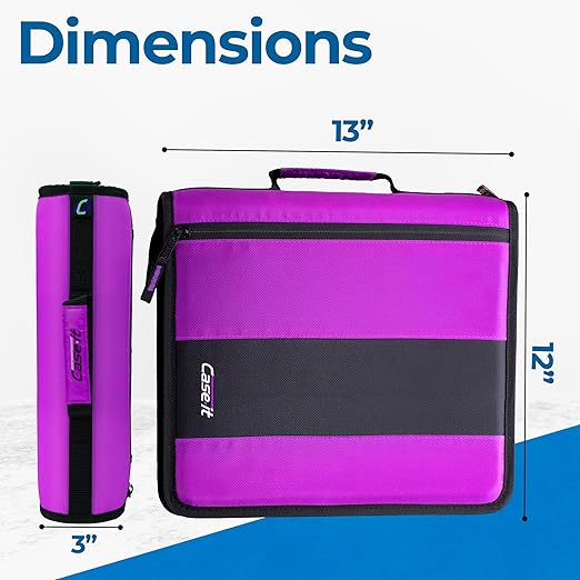 Case-it Classic Zipper Binder | 2-Inch O-Rings, 350 Sheet Capacity, Multiple Storage Pockets & Shoulder Strap | School & Office Organizer | D-251 Deep Purple | 6 Pack