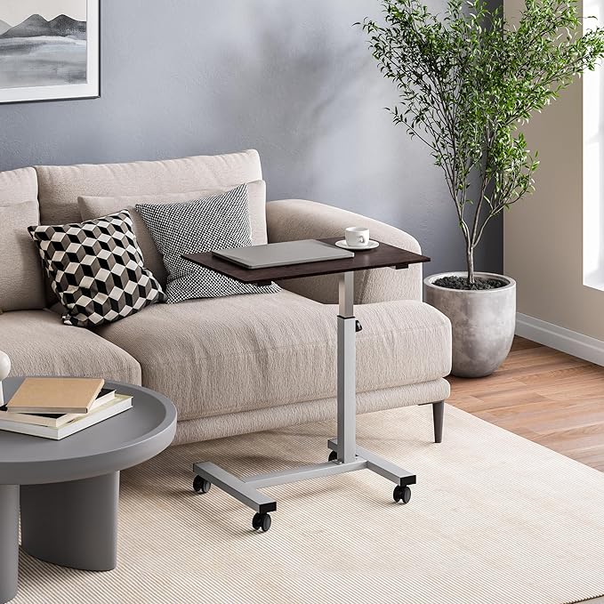 Seville Classics Airlift Height Adjustable Mobile Rolling Laptop Cart Computer Workstation Desk Table for Home, Office, Classroom, Hospital, w/Wheels, Overbed Sit Stand (24"), Espresso