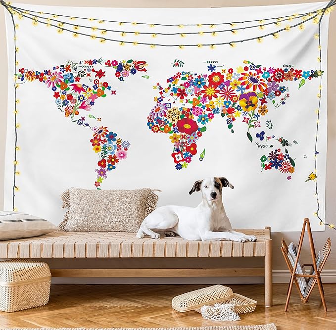 Ambesonne Floral World Map Tapestry, Bunch of Flower Petals Essence Fragrance Garden Growth Theme Atlas Image, Fabric Wall Hanging Decor for Bedroom Living Room Dorm, 45" X 30", Red White