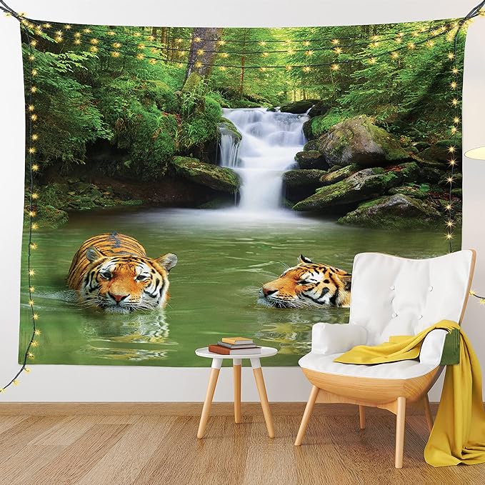Ambesonne Savannah Tapestry, Siberian Tigers in Water Waterfall Pool Woodland Swimming Natural, Fabric Wall Hanging Decor for Bedroom Living Room Dorm, 45" X 30", Reseda Green Orange