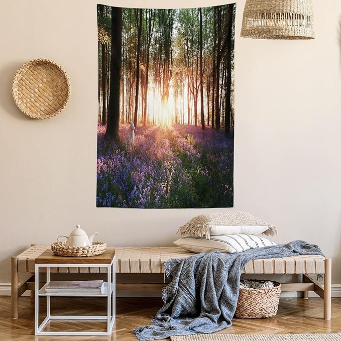 Ambesonne Forest Tapestry Queen Size, Bluebell Woods Sunrise with White Rabbit Sunny Spring Day in Woodland, Wall Hanging Bedspread Bed Cover Wall Decor, 88" X 88", Purple Green