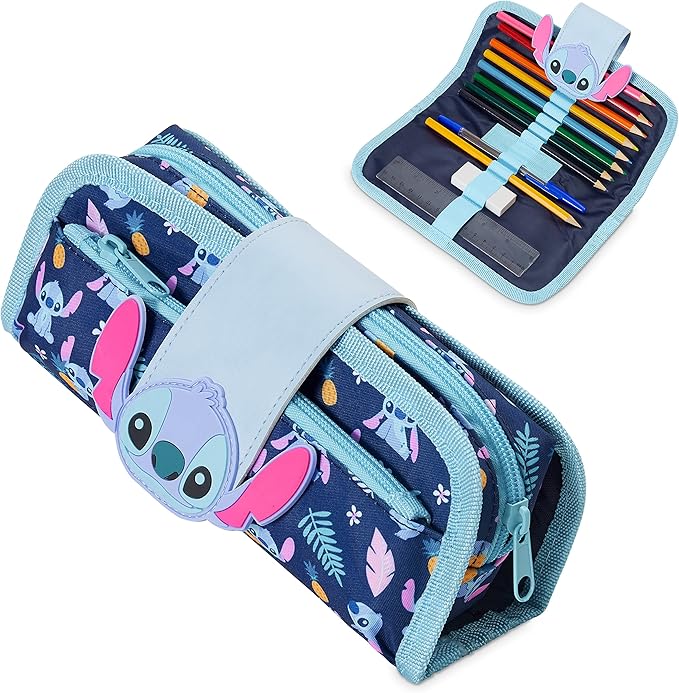 Disney Stitch Pencil Case with Cute Detachable Zipper Pouch including Ball Point Pen Pencil Eraser Ruler and Fun Colored Pencils Stationery Gift for Kids