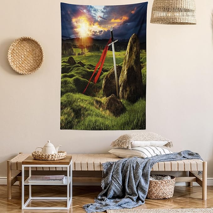 Ambesonne King Tapestry Queen Size, Arthur Camelot Myth in England Ireland Fields Invincible Myth Image, Wall Hanging Bedspread Bed Cover Wall Decor, 88" X 88", Green Blue Red