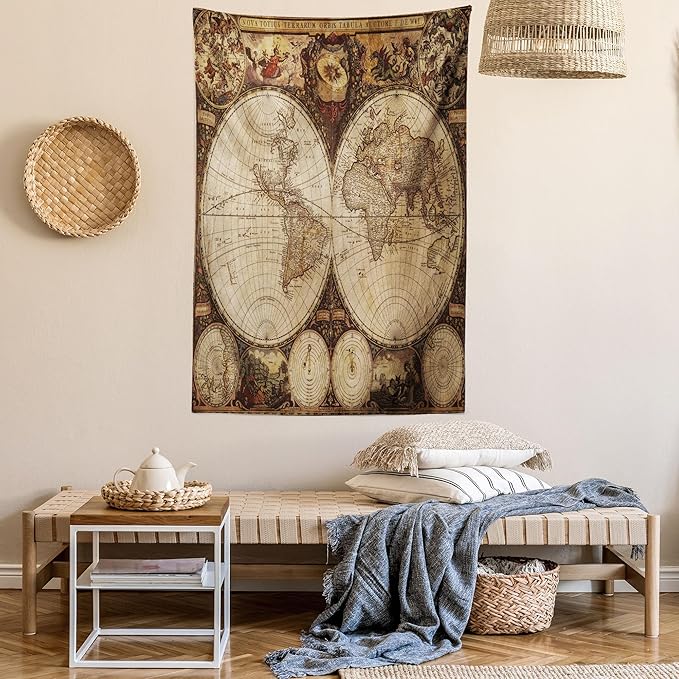 Ambesonne World Map Tapestry King Size, Old World Map Drawn in 1720s Nostalgic Style Art Historical Atlas Vintage Design, Wall Hanging Bedspread Bed Cover Wall Decor, 88" X 88", Multicolor