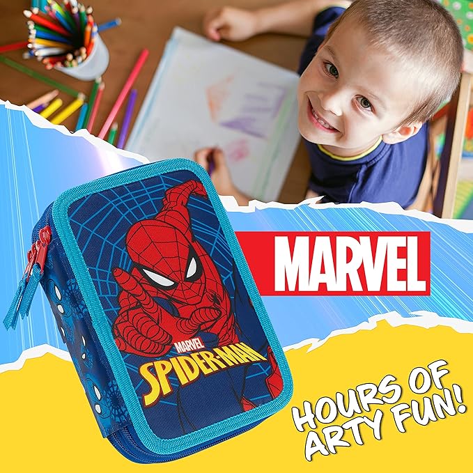 Marvel Boy's Pencil Case, Pencil Case with Compartments Filled School Supplies, Felt, Coloured Pencil, Spiderman Avengers Back to School Gift