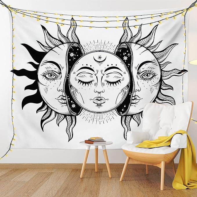 Ambesonne Moon Tapestry, Monochrome Sun and Moon Pattern Oriental Image Culture Inspired Design Print, Fabric Wall Hanging Decor for Bedroom Living Room Dorm, 23" X 28", White Black
