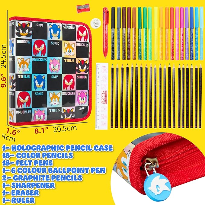 Sonic The Hedgehog Pencil Case with Colored Pencils Set for Kids Tweens School Supplies Gamer Pencil Pouch Markers Knuckles Shadow Amy Gifts for Kids