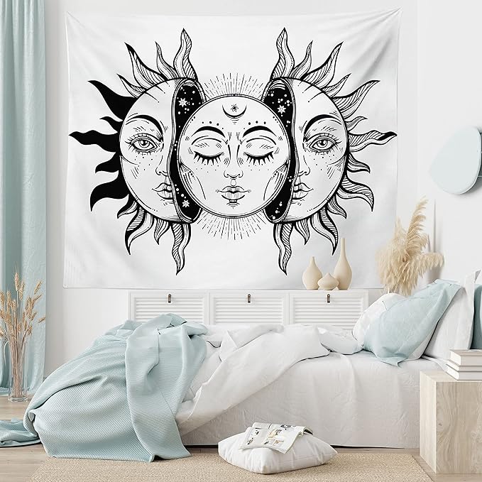 Ambesonne Moon Tapestry Twin Size, Monochrome Sun and Moon Pattern Oriental Image Culture Inspired Design Print, Wall Hanging Bedspread Bed Cover Wall Decor, 68" X 88", White Black