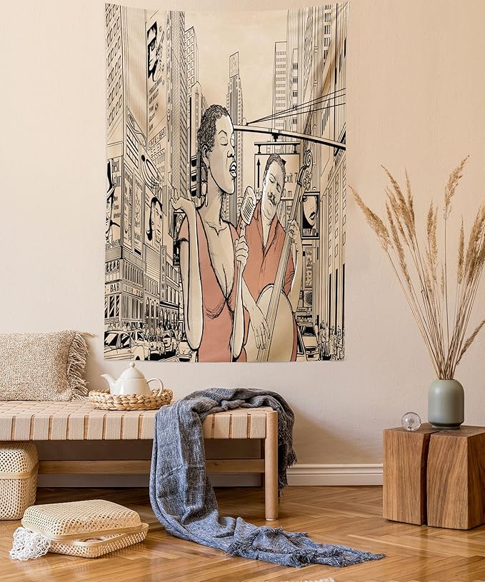 Ambesonne Jazz Music Tapestry Queen Size, Singer Double-Bass Player in a Street of New York Urban Lifestyle Image, Wall Hanging Bedspread Bed Cover Wall Decor, 88" X 88", Brown Beige