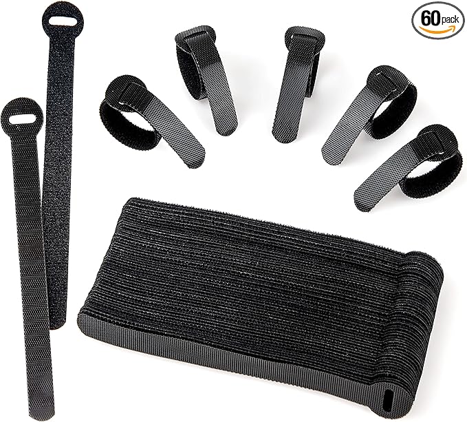 60x Cable Management Ties, Cord Wraps Black 6 Inches, Reusable Tidy Wire Ties for Cords, PC, TV, Computer & Desk